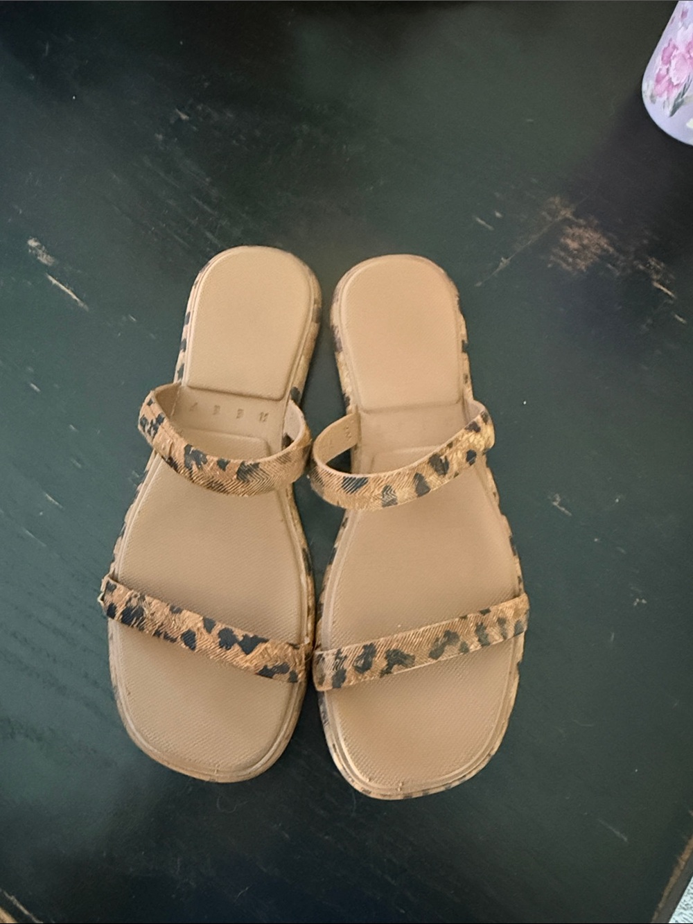 Reef Tan Leopard Print Slide Sandals
